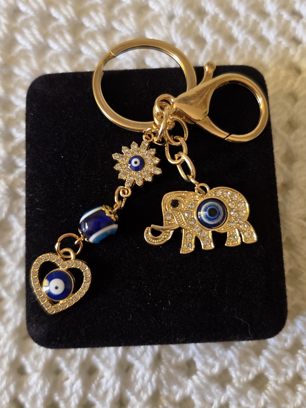 Gold Elephant Evil Eye Keychain Charm - Blue & Gold